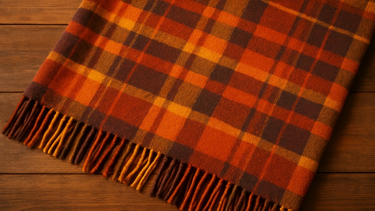 A folded orange and brown plaid blanket with fringe on a wooden surface.