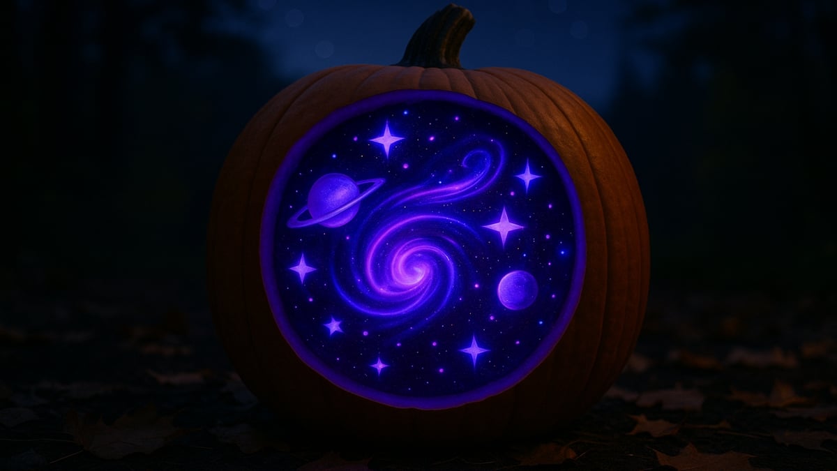 A pumpkin carved with a glowing purple galaxy featuring stars and planets.