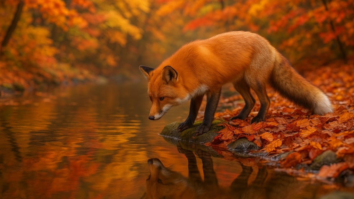 A red fox stands on fallen leaves by a stream, gazing at its reflection in autumn foliage.