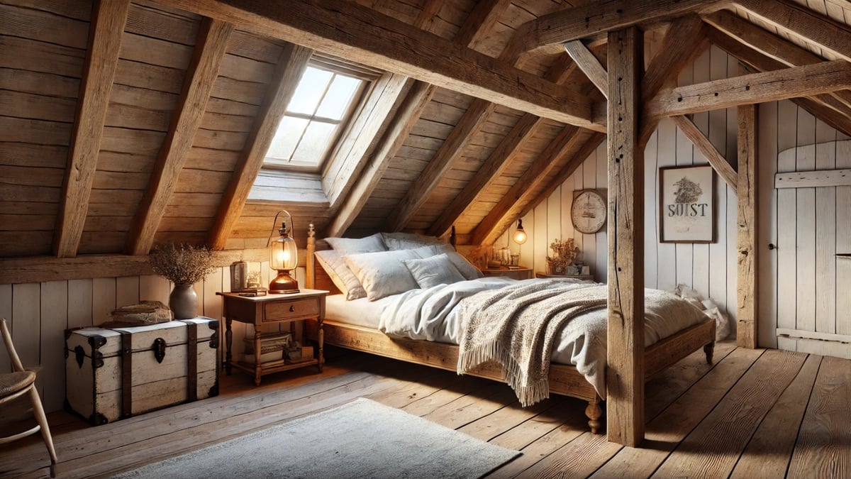 A rustic attic bedroom with exposed beams, a cozy bed, vintage decor, and soft lighting creating a warm atmosphere.