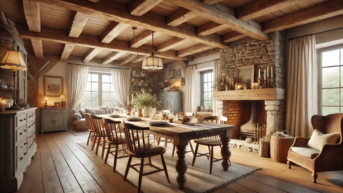 A farmhouse dining room with a large wooden table, stone fireplace, rustic beams, and cozy natural lighting.