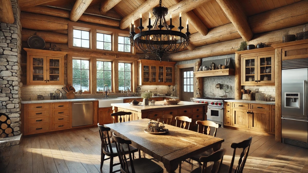 A spacious log cabin kitchen with wooden cabinets, a farmhouse table, and a large wrought iron chandelier.