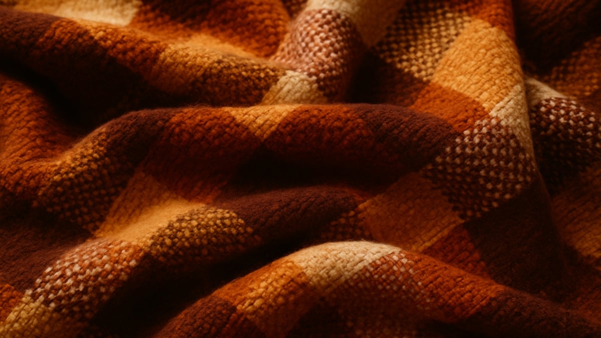 Close-up of a warm plaid wool blanket in orange, brown, and yellow tones.