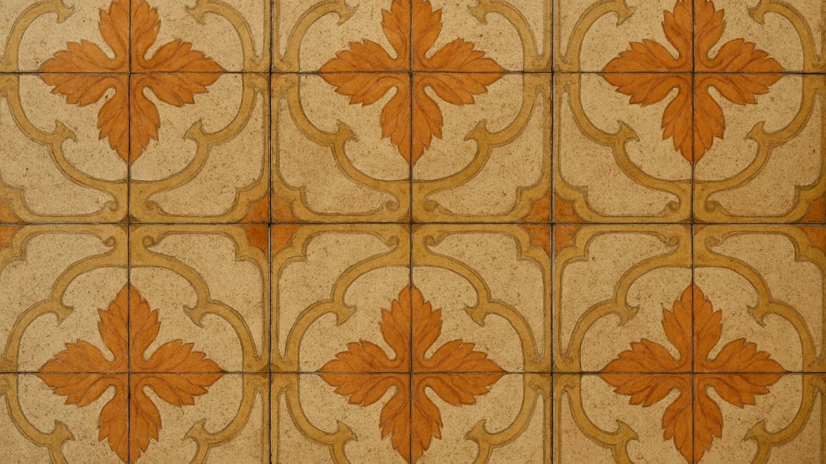 Beige tiles with orange leaf-shaped patterns and ornate borders.