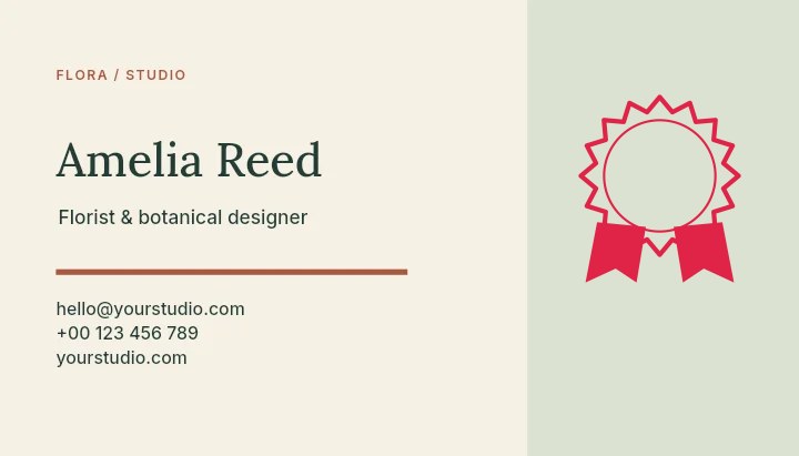 16-point classic badge · with a split ribbon in Flora studio · Botanical business card