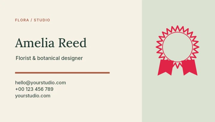 24-point pronounced badge · with a split ribbon in Flora studio · Botanical business card