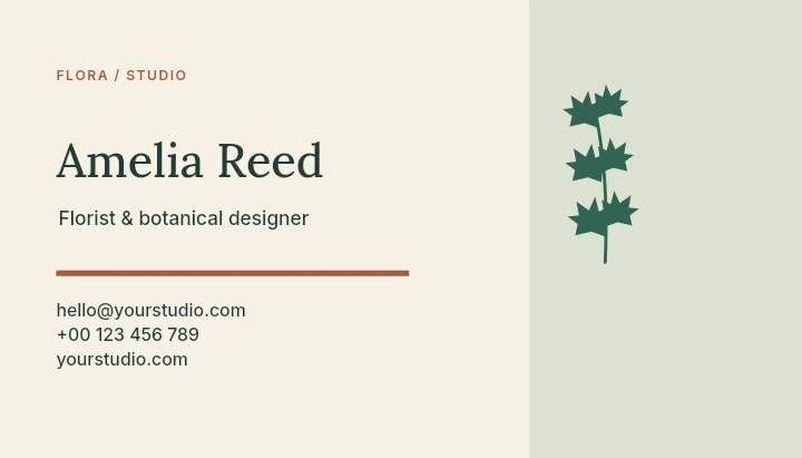 Maple foliage · corner arrangement with 3 leaf pairs in Flora studio · Botanical business card