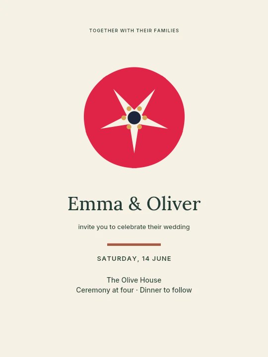 Fan flower · 5 petals and stamen centre in Olive garden · Wedding invitation