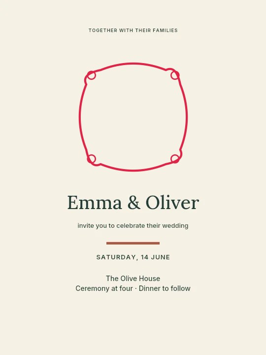 Scallop frame · ring ornaments and single border in Olive garden · Wedding invitation
