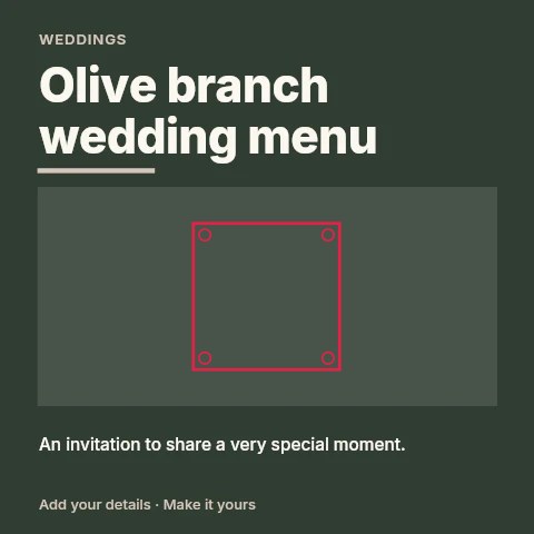 Square frame · ring ornaments and single border in Olive branch wedding menu social media post template