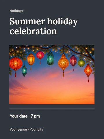 Colorful lanterns hanging from tree at sunset in Summer holiday celebration invitation template
