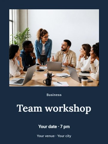 Diverse team collaborating in office meeting in Team workshop invitation template