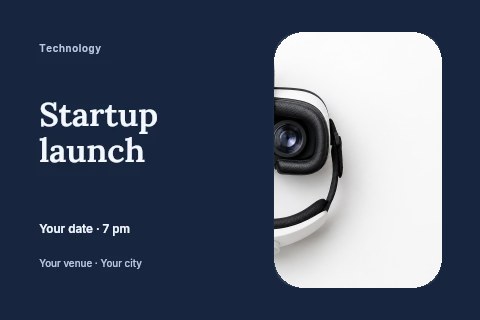 Virtual reality headset on white background in Startup launch postcard template