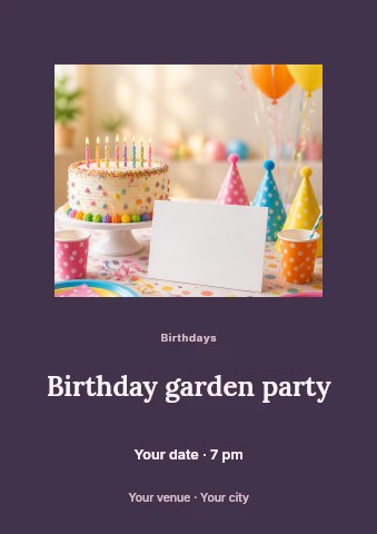 Colorful birthday party setup with cake in Birthday garden party flyer template