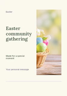 Basket with colorful Easter eggs and flowers in Easter community gathering · Split portrait