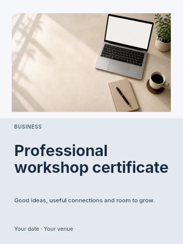 Minimalist workspace with laptop and coffee in Professional workshop certificate invitation template