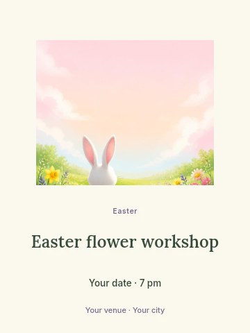 White bunny in spring flower meadow in Easter flower workshop invitation template