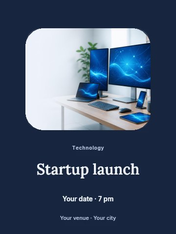 Modern multi-device technology workspace setup in Startup launch invitation template