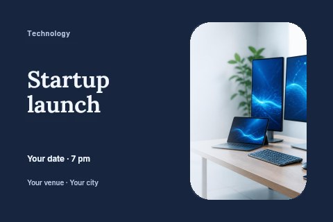 Modern multi-device technology workspace setup in Startup launch postcard template