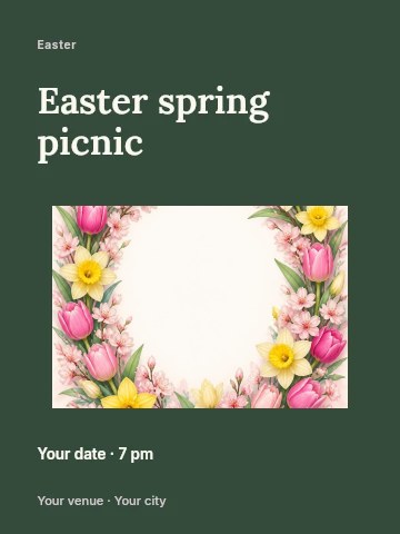 Spring floral wreath with tulips and daffodils in Easter spring picnic invitation template
