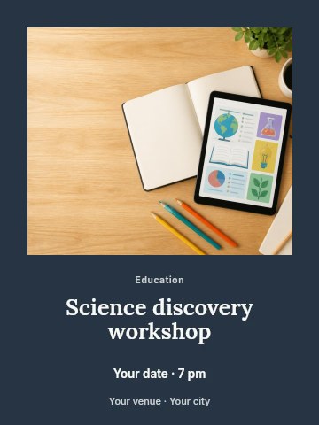 Digital Education Workspace with Tablet and Notebooks in Science discovery workshop invitation template