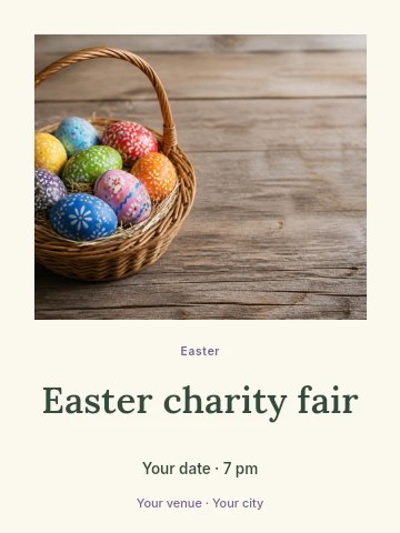 Colorful hand-painted Easter eggs in basket in Easter charity fair invitation template