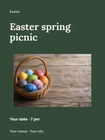 Colorful hand-painted Easter eggs in basket in Easter spring picnic poster template