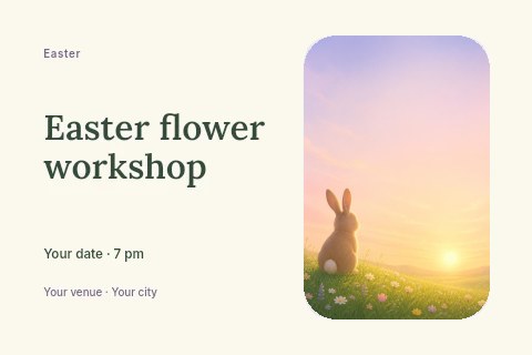 Rabbit watching sunrise over flower field in Easter flower workshop postcard template