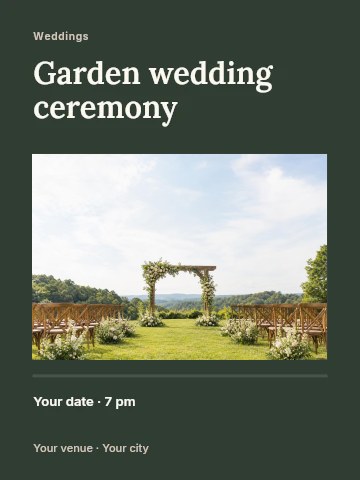 outdoor wedding ceremony setup with floral arch in Garden wedding ceremony poster template