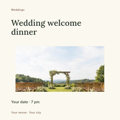 outdoor wedding ceremony setup with floral arch in Wedding welcome dinner social media post template
