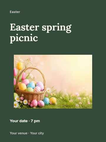 Easter Basket with Painted Eggs in Easter spring picnic poster template