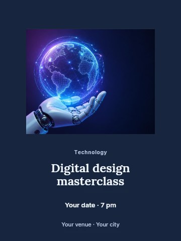 Futuristic robotic hand holding digital Earth globe in Digital design masterclass poster template
