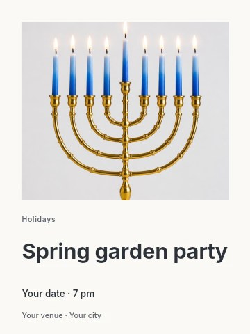 menorah with lit blue candles in Spring garden party invitation template