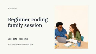 Beginner coding family session presentation cover template · Horizontal photo dialogue