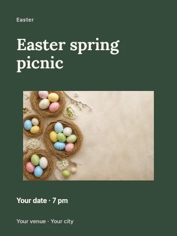 colorful easter eggs in nests with spring blossoms in Easter spring picnic invitation template