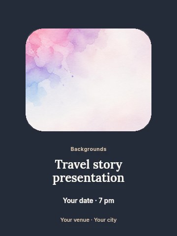 Soft pastel watercolor background in Travel story presentation invitation template