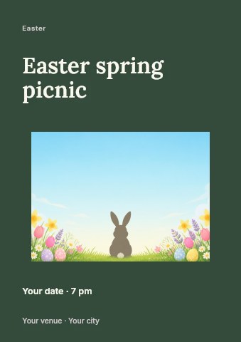 Easter bunny silhouette with spring flowers in Easter spring picnic flyer template