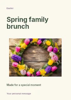 Spring Floral Wreath on Wooden Background in Spring family brunch · Modern programme