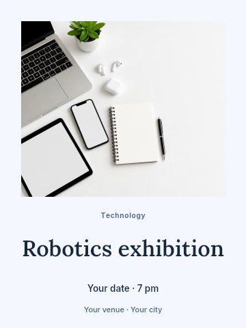 Modern workspace with laptop and smart devices in Robotics exhibition invitation template