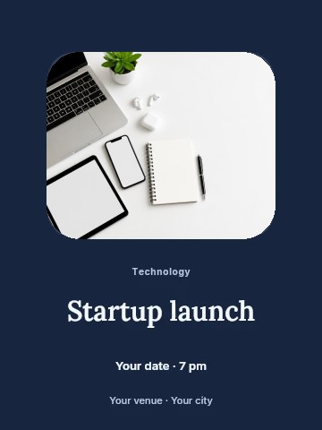 Modern workspace with laptop and smart devices in Startup launch poster template