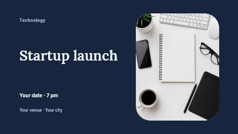Modern workspace with blank notebook and tech devices in Startup launch banner template