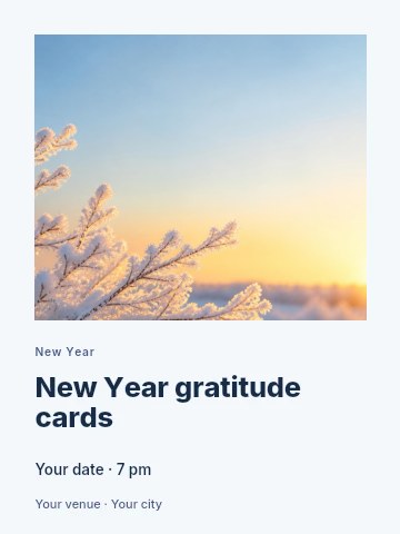 Snow-covered branches at winter sunrise in New Year gratitude cards invitation template