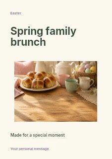 Easter table with hot cross buns and pastel eggs in Spring family brunch · Modern programme
