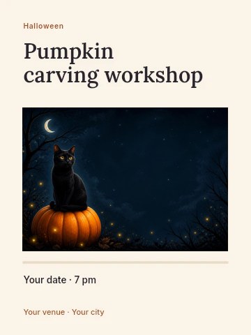 black cat sitting on pumpkin at night in Pumpkin carving workshop invitation template