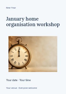 Vintage clock showing midnight hour in January home organisation workshop flyer · Modern programme
