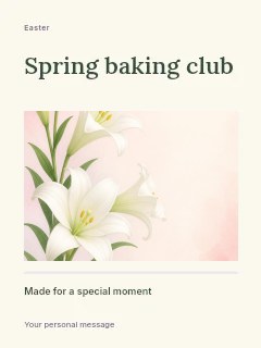 White Easter lilies on pink background in Spring baking club · Title & photograph
