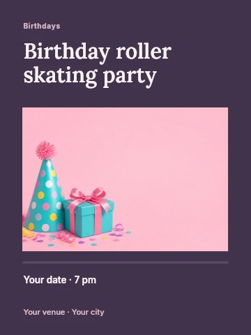 blue party hat and gift box on pink in Birthday roller skating party invitation template