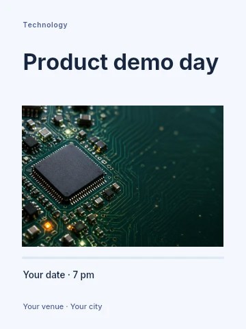 Close-up of computer circuit board in Product demo day invitation template