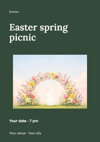 Easter bunny with spring flower arch in Easter spring picnic flyer template