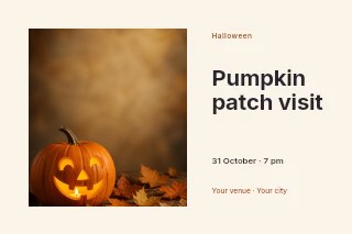 Smiling carved Halloween pumpkin with candle in Pumpkin patch visit · Horizontal photo dialogue